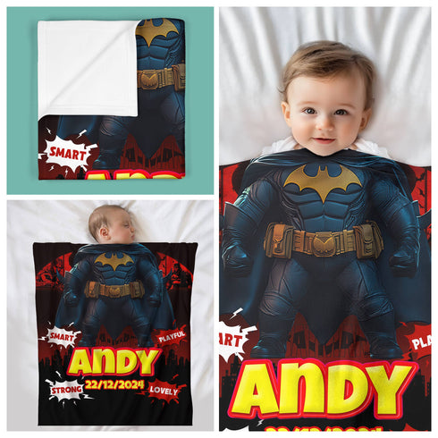 Personalized Baby Blanket - Custom Superhero Style Baby Batman Cape | Name & Date of Birth | Gift for Boys